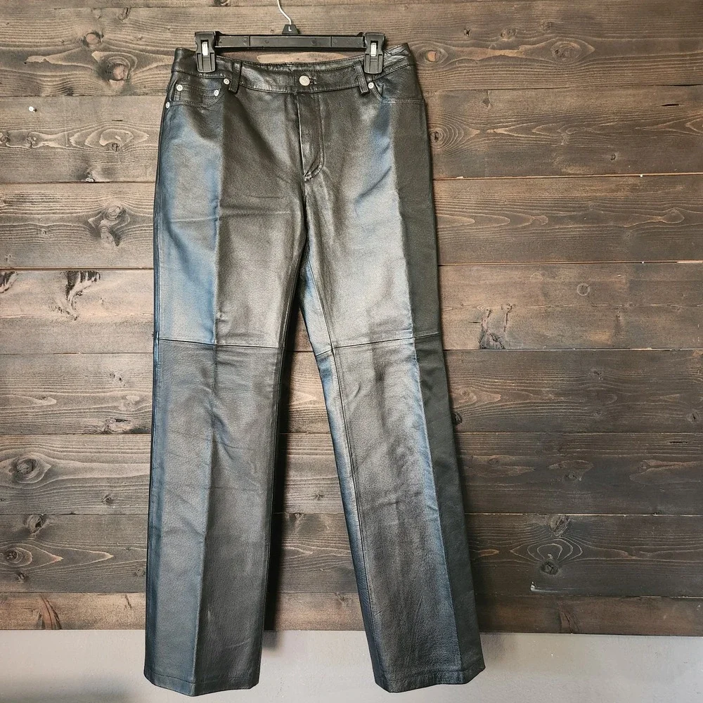 Vtg 90s Y2K Newport News 100% Leather Pants 6 Women Black 29x29 Moto Biker Lined